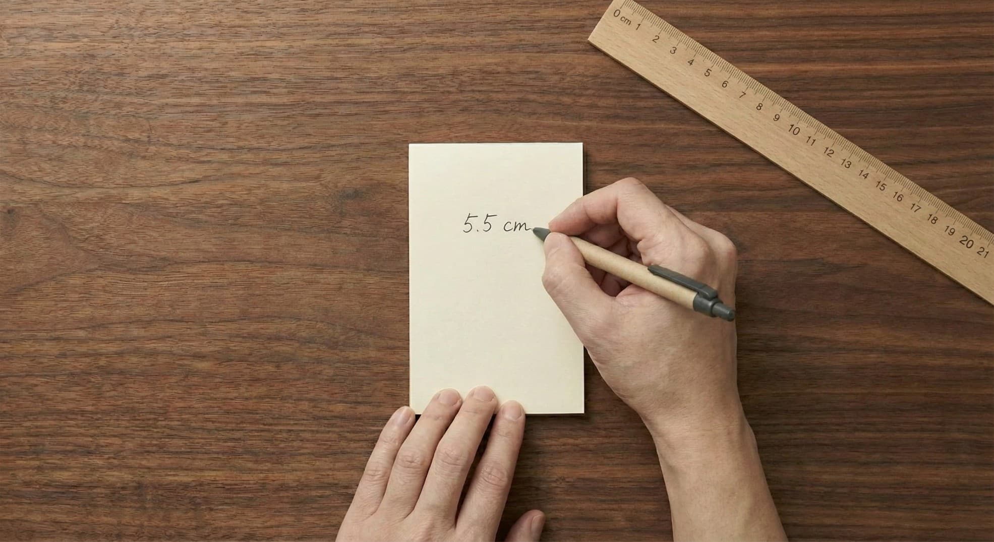 Hand writing down the wrist width measurement on a notepad after using a ruler.